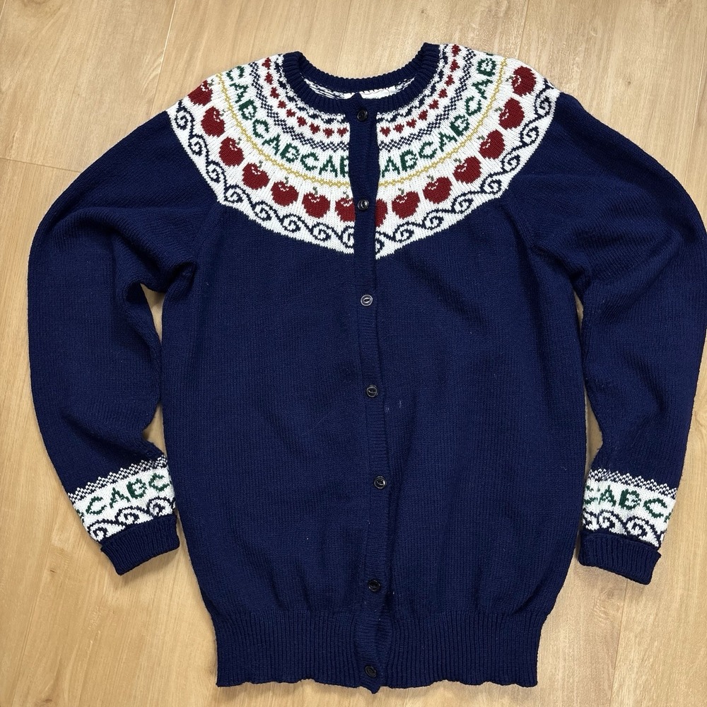 Vintage Teacher Knit Sweater Womens Large ABC Apples Cardigan 90s